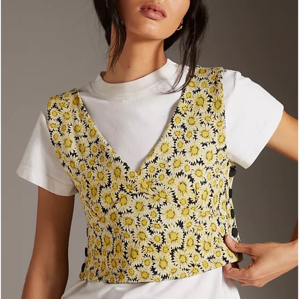 Anthropologie Maeve Yellow Print Side Button Crop Top - Small